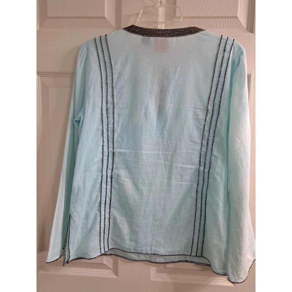 Tory Burch Sky Blue Tunic/Shirt w Brown SilverEmbellishments Size 4. 100% Cotton